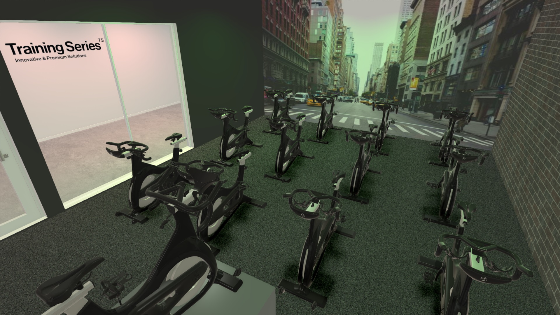 Training Series club fitness aménagement intérieur studio cycling maquette modélisation 3D